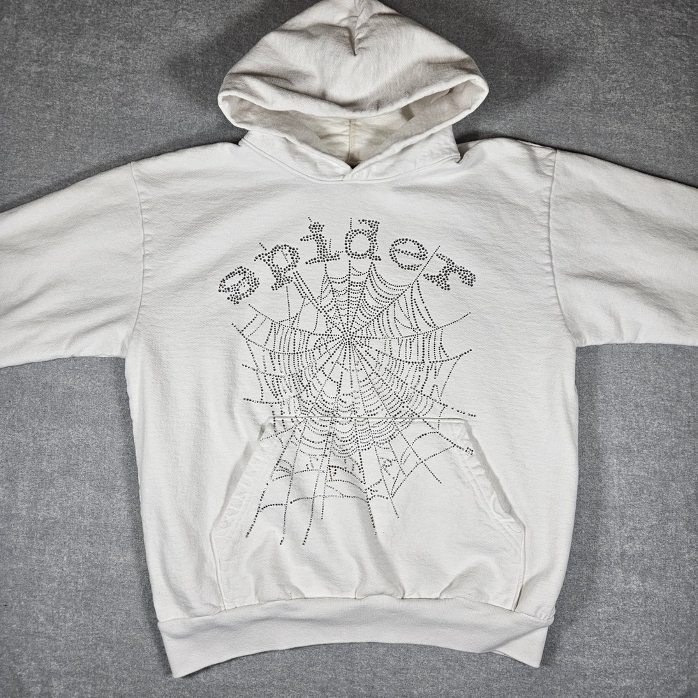 Sp5der Worldwide Rhinestone Spider Web Hoodie White Mens Large Streetwear L